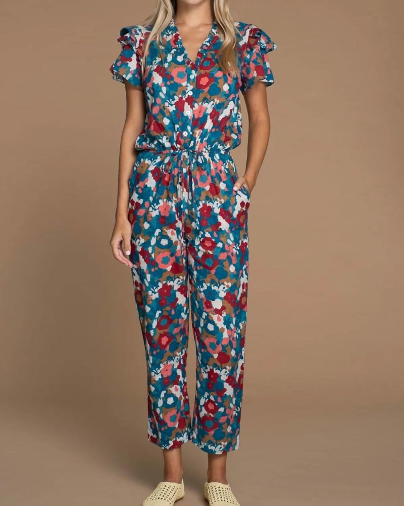 Front of a model wearing a size L Charlotte Jumpsuit in Abstract Floral in Abstract Floral by Olivia James the Label. | dia_product_style_image_id:343406